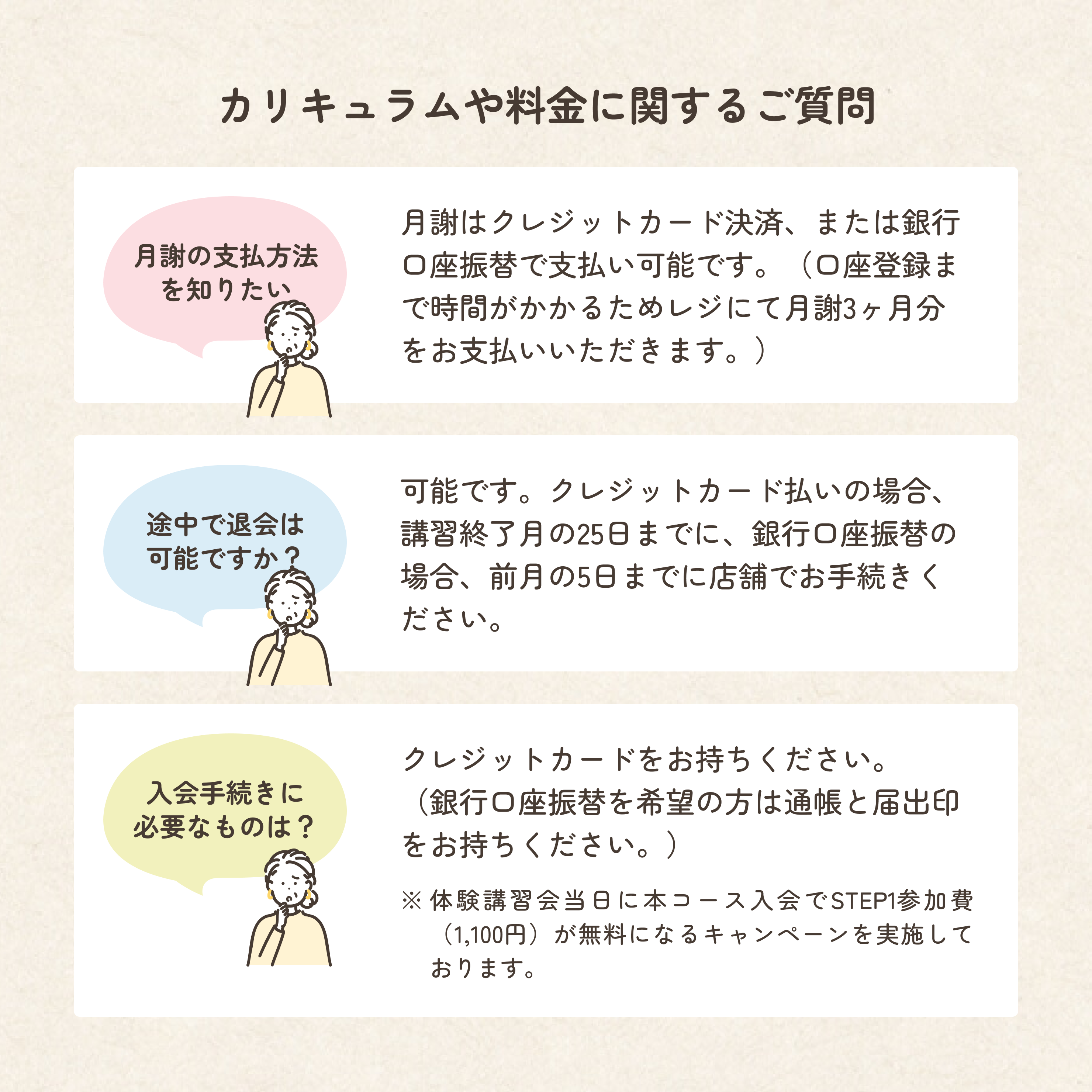 カリキュラムや料金に関するよくあるご質問を紹介します。質問は全部で3つ掲載されています。ひとつめの質問は「月謝の支払方法を知りたい」です。これに関する回答は、「月謝はクレジットカード決済、または銀行口座振替で支払い可能です。（口座登録まで時間がかかるためレジにて月謝3ヶ月分をお支払いいただきます。）」です。ふたつめの質問は「途中で退会は可能ですか？」です。これに関する回答は、「可能です。クレジットカード払いの場合、講習終了月の25日までに、銀行口座振替の場合、前月の5日までに店舗でお手続きください。）」です。みっつめの質問は「入会手続きに必要なものは？」です。これに関する回答は、「本コースに入会される場合、体験講習会当日にクレジットカードをお持ちください。  （銀行口座振替を希望の方は通帳と届出印をお持ちください。）  ※体験講習会当日に本コースに入会されるとSTEP1費(1,100円)が無料になるキャンペーンを実施しております。」です。